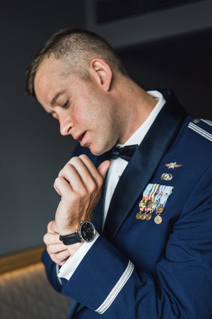 Groom wearing his US military suite for his wedding in Athens